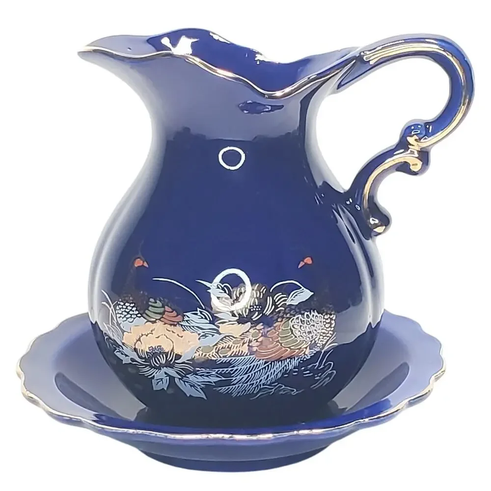 Vtg Cobalt Blue Pheasants & Gold Peony Pitcher & Basin Decorative Birds